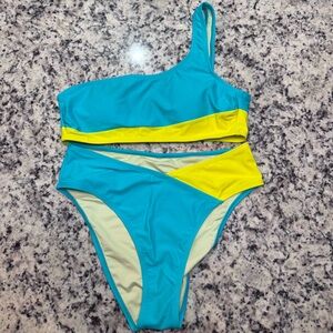Cupshe Aqua Lemon Colorblock One Shoulder Bikini Set Medium